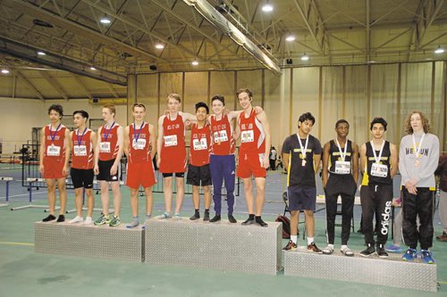 Canstar Community News The Kelvin High School A team (centre) won the junior men's 1600 metre relay at the 2016 High School Series provincial indoor athletics championship on March 17. The Kelvin High School B team (left) was second, while Fort Richmond Collegiate (right) finished third.