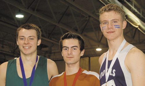 Canstar Community News Deric Kornelsen of Centre Scolaire Leo-Remillard (centre) won the senior men's 800 metres in a time of 2:00.49 seconds at the 2016 High School Series provincial indoor athletics championship on March 17. Owen Ready of Vincent Massey Collegiate (left) was second, while Tristan Allen of Lord Selkirk Regional Secondary School (right) finished third.