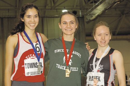 Canstar Community News Victoria Tachinski of Vincent Massey Collegiate (centre) won the senior women's 400 metres in a time of 59.53 seconds at the 2016 High School Series provincial indoor athletics championship on March 17. Tara Towns of Shaftesbury Collegiate (left) was second, while Gillian Hayek of College Pierre-Elliott-Trudeau (right) finished third.