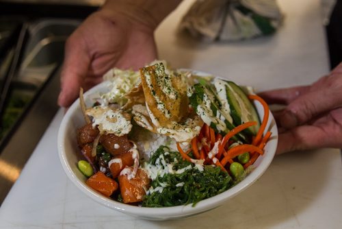 MIKE DEAL / WINNIPEG FREE PRESS Chosabi Asian Eatery 100A King Street Preparation of a Poké Bowl. 160321 - Monday, March 21, 2016