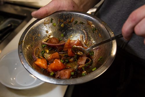 MIKE DEAL / WINNIPEG FREE PRESS Chosabi Asian Eatery 100A King Street Preparation of a Poké Bowl. 160321 - Monday, March 21, 2016