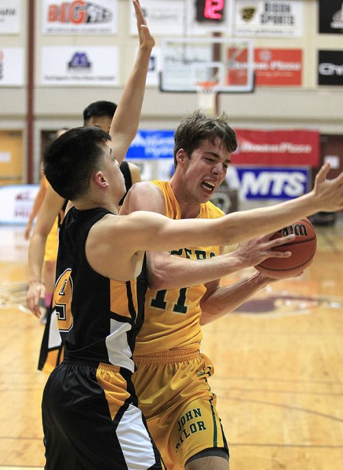 PHIL HOSSACK / WINNIPEG FREE PRESS JGarden City Gopher #6 Dylan Tagle stops Joyn Taylor Piper #11 James Wagner's drive during the MHSAA Basketball Championship final Monday at Investor's Group Athletic Center.  MARCH 21, 2016