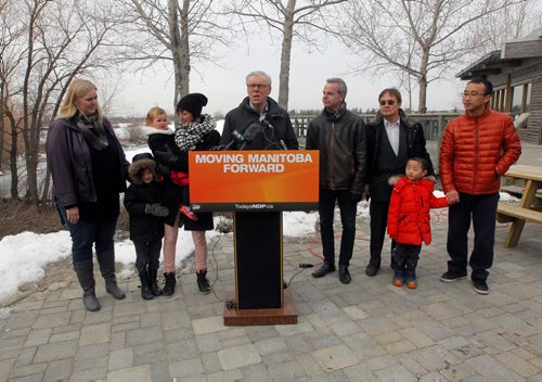 BORIS MINKEVICH / WINNIPEG FREE PRESS NDP Leader Greg Selinger, centre, at Fort Whyte Alive. Press conference. Election announcement. Photo taken March 22th, 2016