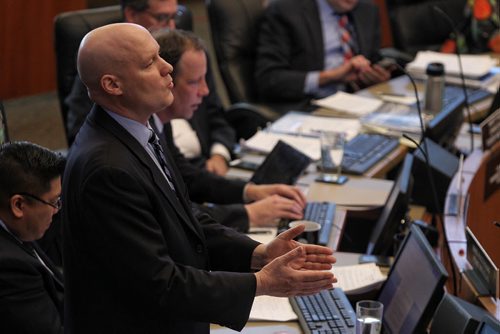 MIKE DEAL / WINNIPEG FREE PRESS  Councillor Jason Schreyer talks during debate before voting for the City of Winnipeg operating budget for 2016.   160322 March 22, 2016