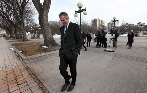 PHIL HOSSACK / WINNIPEG FREE PRESS Conservative leader Brian Pallister walks away from media after comments on the Federal Budget Tuesday afternoon. See story. March 22, 2016
