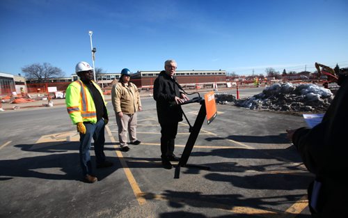 RUTH BONNEVILLE / WINNIPEG FREE PRESS  Greg Selinger  announces new spending for more construction jobs in Manitoba in the parking lot at Red River College, Notre Dame campus Wedesday.   March 23, 2016