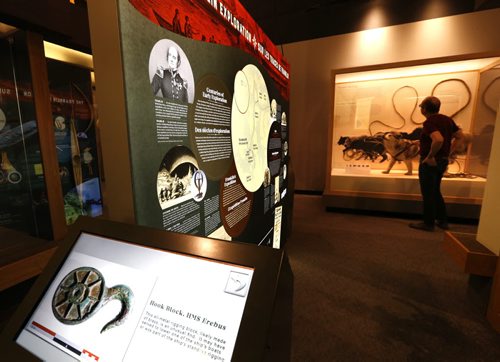 WAYNE GLOWACKI / WINNIPEG FREE PRESS   The Franklin Exploration micro exhibit at the Manitoba Museum that highlights the story of the expedition as well as the discovery of HMS Erebus. At left is an image of a metal rigging block from the HMS Erebus.  Randy Turner story.  March 23 2016