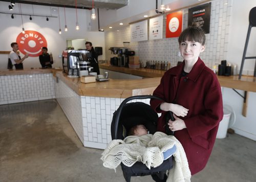 WAYNE GLOWACKI / WINNIPEG FREE PRESS  Meghan Zahari, co-owner of Bronuts in the Exchange district, faced online criticism after breastfeeding her daughter Emelyn in the cafe area.  Shannon Sampert story.  March 23 2016