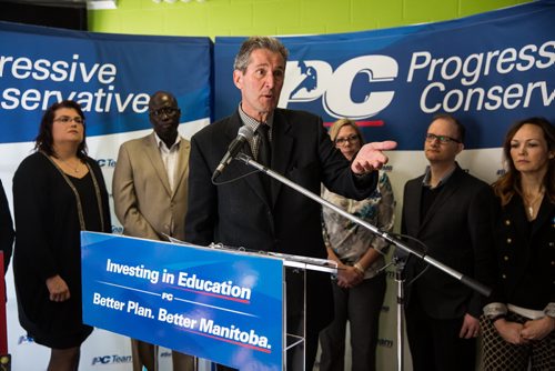 MIKE DEAL / WINNIPEG FREE PRESS PC Leader Brian Pallister outline's how his government would invest in education during an announcement at the Winakwa Community Centre Thursday morning. 160324 - Thursday, March 24, 2016