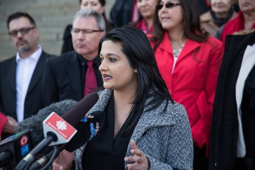 MIKE DEAL / WINNIPEG FREE PRESS Rana Bokhari along with a number of her MLA hopefuls gathered outside the Manitoba Legislative building to announce that they would change Manitoba's voting system so that it would be based on proportional representation. 160324 - Thursday, March 24, 2016