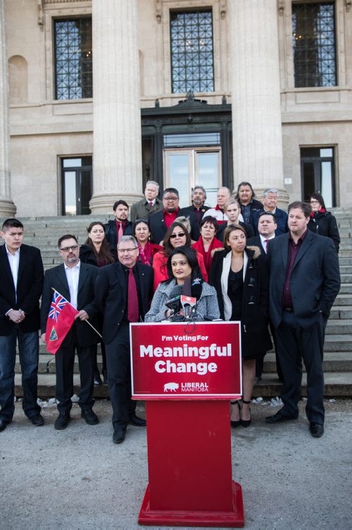 MIKE DEAL / WINNIPEG FREE PRESS Rana Bokhari along with a number of her MLA hopefuls gathered outside the Manitoba Legislative building to announce that they would change Manitoba's voting system so that it would be based on proportional representation. 160324 - Thursday, March 24, 2016