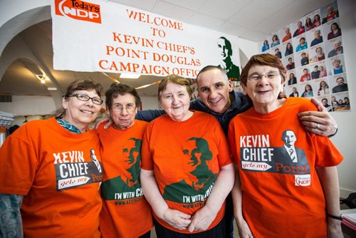 MIKE DEAL / WINNIPEG FREE PRESS NDP candidate Kevin Chief with his popular "Golden Girls" volunteers who work in his constituency office on Burrows Ave. (from left) Elain Ranville, Edna Allary, Shirley Seaton,  Kevin Chief, and Evelyn Paul. 160324 - Thursday, March 24, 2016