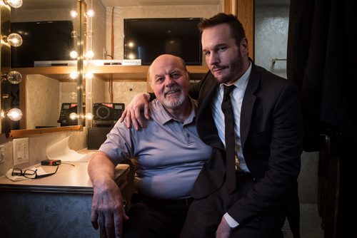 MIKE DEAL / WINNIPEG FREE PRESS Michael Ironside (left) and Mickael Eklund in a trailer on the set of the feature film Stegman is Dead which wrapped up shooting in the Leo Mol garden at Assiniboine Park Wednesday. 160323 - Wednesday, March 23, 2016