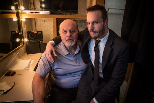 MIKE DEAL / WINNIPEG FREE PRESS Michael Ironside (left) and Mickael Eklund in a trailer on the set of the feature film Stegman is Dead which wrapped up shooting in the Leo Mol garden at Assiniboine Park Wednesday. 160323 - Wednesday, March 23, 2016