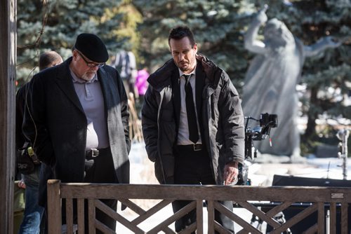 MIKE DEAL / WINNIPEG FREE PRESS Michael Ironside (left) as Don and Michael Eklund as Gus talk during a break in shooting on the last day of filming for the feature film Stegman is Dead in the Leo Mol garden at Assiniboine Park Wednesday. 160323 - Wednesday, March 23, 2016