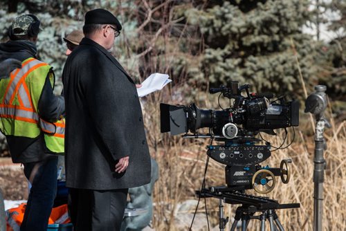 MIKE DEAL / WINNIPEG FREE PRESS Michael Ironside as Don reads over the script during a break in shooting on the last day of filming for the feature film Stegman is Dead in the Leo Mol garden at Assiniboine Park Wednesday. 160323 - Wednesday, March 23, 2016