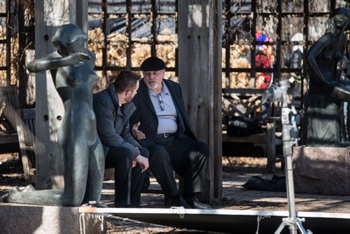 MIKE DEAL / WINNIPEG FREE PRESS Michael Ironside (right) as Don and Michael Eklund as Gus talk during a break in shooting on the last day of filming for the feature film Stegman is Dead in the Leo Mol garden at Assiniboine Park Wednesday. 160323 - Wednesday, March 23, 2016