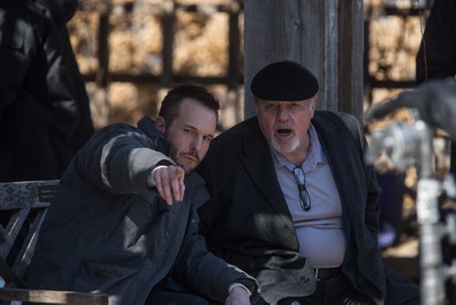 MIKE DEAL / WINNIPEG FREE PRESS Michael Ironside (right) as Don and Michael Eklund as Gus talk during a break in shooting on the last day of filming for the feature film Stegman is Dead in the Leo Mol garden at Assiniboine Park Wednesday. 160323 - Wednesday, March 23, 2016
