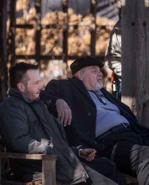 MIKE DEAL / WINNIPEG FREE PRESS Michael Ironside (right) as Don and Michael Eklund as Gus during a break in shooting on the last day of filming for the feature film Stegman is Dead in the Leo Mol garden at Assiniboine Park Wednesday. 160323 - Wednesday, March 23, 2016