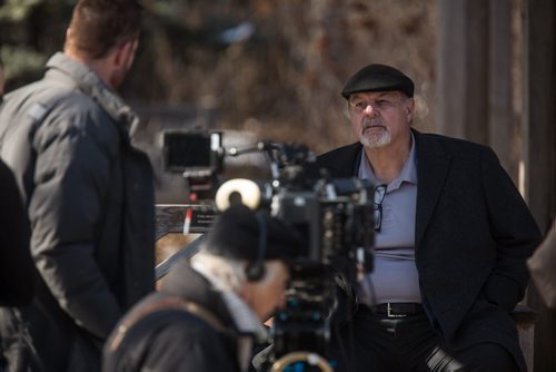 MIKE DEAL / WINNIPEG FREE PRESS Michael Ironside (right) as Don and Michael Eklund (left) as Gus talk during a break in shooting on the last day of filming for the feature film Stegman is Dead in the Leo Mol garden at Assiniboine Park Wednesday. 160323 - Wednesday, March 23, 2016