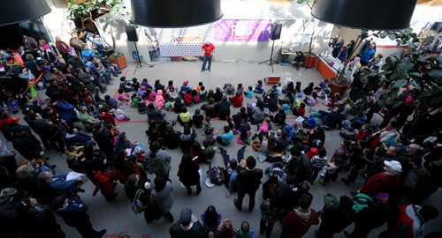 TREVOR HAGAN / WINNIPEG FREE PRESS A performer entertains the crowd at the Festival of Fools at The Forks, Saturday, March 26, 2016.