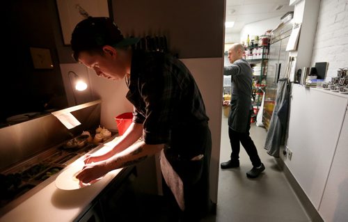 TREVOR HAGAN / WINNIPEG FREE PRESS Sous Chef, Matt Edmond, preparing Scallop Crudo with Truffled Chawanmushi at Maque, Friday, March 25, 2016. For Barley Kives review.