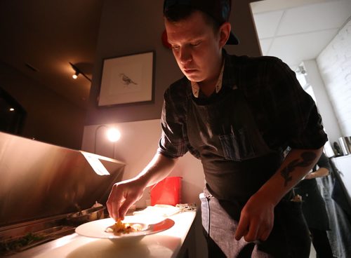 TREVOR HAGAN / WINNIPEG FREE PRESS Sous Chef, Matt Edmond, preparing Scallop Crudo with Truffled Chawanmushi at Maque, Friday, March 25, 2016. For Barley Kives review.