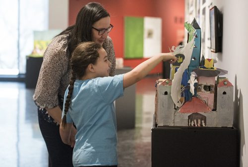 DAVID LIPNOWSKI / WINNIPEG FREE PRESS  Sophie(age 8) and mom Sarah Piché check out 'The Castle' which Sophie helped create at the WAG Saturday March 26, 2016 as part of an exhibit titled 'Through the Eyes of a Child', which the WAG describes as highlighting the creations of the young people who attend art classes at WAG Studio.