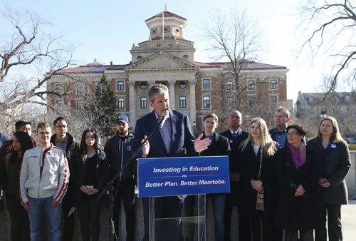 WAYNE GLOWACKI / WINNIPEG FREE PRESS  At the University of Manitoba Monday, PC Leader Brian Pallister announces how a new Progressive Conservative government will invest in post-secondary education. Kristin Annable  story  March 28 2016