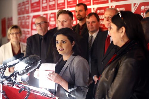 WAYNE GLOWACKI / WINNIPEG FREE PRESS     Liberal leader Rana Bokhari releases her fiscal plan Monday in her campaign office with candidates.  Dan Lett/ Nick Martin stories March 28 2016