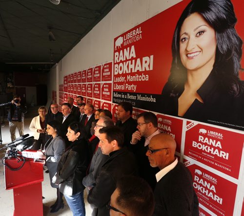 WAYNE GLOWACKI / WINNIPEG FREE PRESS   Liberal leader Rana Bokhari at podium, releases her fiscal plan Monday in her campaign office with candidates.¤  Dan Lett/ Nick Martin stories March 28 2016