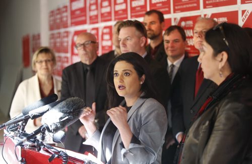 WAYNE GLOWACKI / WINNIPEG FREE PRESS   Liberal leader Rana Bokhari releases her fiscal plan Monday in her campaign office with candidates.  Dan Lett/ Nick Martin stories March 28 2016