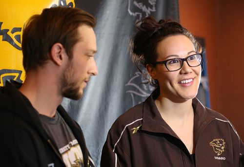 TREVOR HAGAN / WINNIPEG FREE PRESS Bison Swimmers Dillon Perron and Kimberly Moors are among those nominated for 2015-16 Bison Sports Athletes/Rookies of the Year, speaking during a press conference at Smitty's on Pembina, Monday, March 28, 2016.