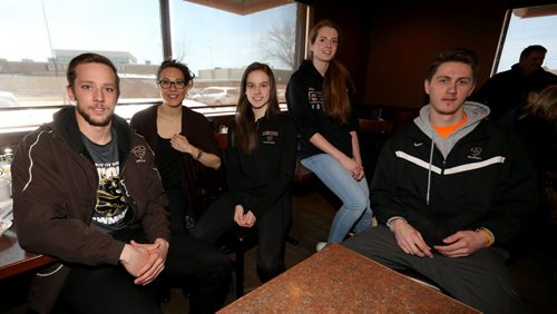 TREVOR HAGAN / WINNIPEG FREE PRESS Bison athletes, Dillon Perron, Kimberly Moors, Alanna Sharman, Sydney Booker and Devren Dear are nominated for 2015-16 Bison Sports Athletes/Rookies of the Year, at a press conference at Smitty's on Pembina, Monday, March 28, 2016.