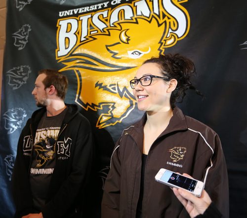 TREVOR HAGAN / WINNIPEG FREE PRESS Bison Swimmers Dillon Perron and Kimberly Moors are among those nominated for 2015-16 Bison Sports Athletes/Rookies of the Year, speaking during a press conference at Smitty's on Pembina, Monday, March 28, 2016.