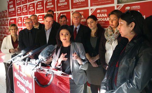 WAYNE GLOWACKI / WINNIPEG FREE PRESS   Liberal leader Rana Bokhari releases her fiscal plan Monday in her campaign office with candidates.  Dan Lett/ Nick Martin stories March 28 2016