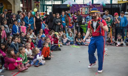 MIKE DEAL / WINNIPEG FREE PRESS Isaac 'Mr. Circus' Giardin performs after conducting a Circus Workshop for kids during the Festival of Fools at The Forks on Monday afternoon. 160328 - Monday, March 28, 2016
