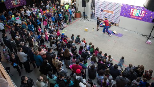 MIKE DEAL / WINNIPEG FREE PRESS Isaac 'Mr. Circus' Giardin performs after conducting a Circus Workshop for kids during the Festival of Fools at The Forks on Monday afternoon. 160328 - Monday, March 28, 2016