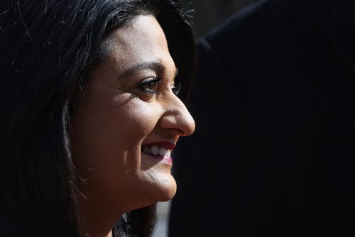 MIKE DEAL / WINNIPEG FREE PRESS  Manitoba Liberal leader Rana Bokhari announced in front of Winnipeg's City Hall that if her party forms the government it would put one percent of the PST towards a Municipal Infrastructure Fund.   160329 Tuesday, March 29, 2016