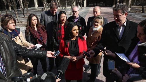 MIKE DEAL / WINNIPEG FREE PRESS  Manitoba Liberal leader Rana Bokhari announced in front of Winnipeg's City Hall that if her party forms the government it would put one percent of the PST towards a Municipal Infrastructure Fund.   160329 Tuesday, March 29, 2016