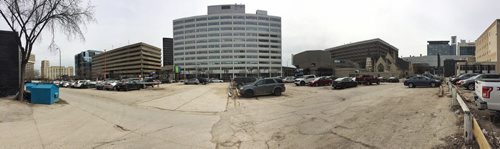 MIKE DEAL / WINNIPEG FREE PRESS  A panoramic image of the parking where the future SkyCity / Fortress condo development will be at Graham Avenue & Smith Street.   160329 March 29, 2016