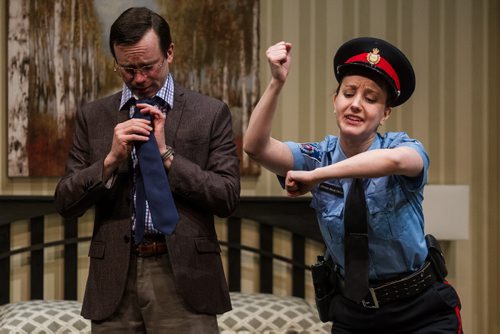 MIKE DEAL / WINNIPEG FREE PRESS Tom Keenan and Heather Russell perform during a dress rehearsal for the RMTC production of Unnecessary Farce which will be running from March 31 to April 23. 160329 - Tuesday, March 29, 2016