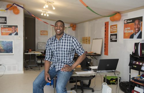 DAVID LIPNOWSKI / WINNIPEG FREE PRESS   NDP Candidate Jamie Moses at his campaign office on St. Mary's Road Tuesday March 29, 2016.