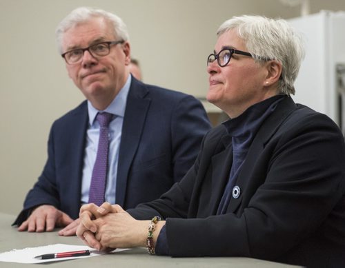 DAVID LIPNOWSKI / WINNIPEG FREE PRESS   NDP Leader Greg Selinger and NDP MLA Christine Melnick during a campaign announcement at Grendell Park Community Centre Tuesday March 29, 2016.