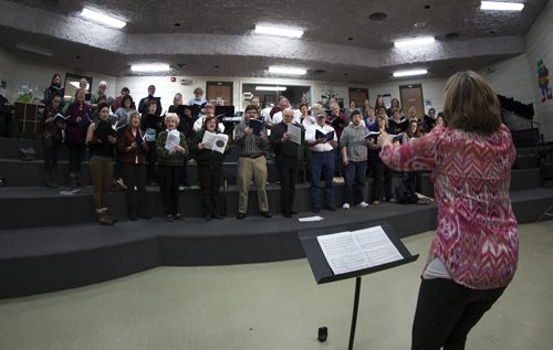 6RUTH BONNEVILLE / WINNIPEG FREE PRESS  Crystal Kolt, Head of the Flin Flon Arts Council, conducts the towns community choir which will be performing at Carnegie Hall in New York in June.   Feature story on the vibrant arts community in Flin Flon Manitoba by reporter, Erin Lebar.    March 19, 2016