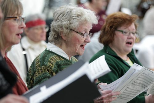 RUTH BONNEVILLE / WINNIPEG FREE PRESS  Longtime Glee Club Choir member, Marilyne Reader (centre) sings with fellow choir members during rehearsal.    Feature story on the vibrant arts community in Flin Flon Manitoba by reporter, Erin Lebar.    March 19, 2016