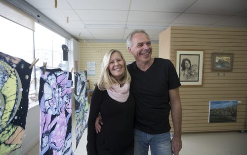 RUTH BONNEVILLE / WINNIPEG FREE PRESS  Susan and Brent Lethbridge who have been involved in the music industry in Flin Flon for most of their lives, have their portrait taken in NorVa (Northern Visual Arts Centre) in town.   Feature story on the vibrant arts community in Flin Flon Manitoba by reporter, Erin Lebar.    March 19, 2016