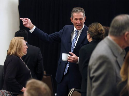 WAYNE GLOWACKI / WINNIPEG FREE PRESS   PC Leader Brian Pallister chats with Dorothy Dobbie, former MP at left and Claudette Leclerc, CEO Manitoba Museum at the Manitoba Chambers of Commerce breakfast Wednesday. He was the key note speaker at the event.¤Kristin Annable  story  March 30 2016