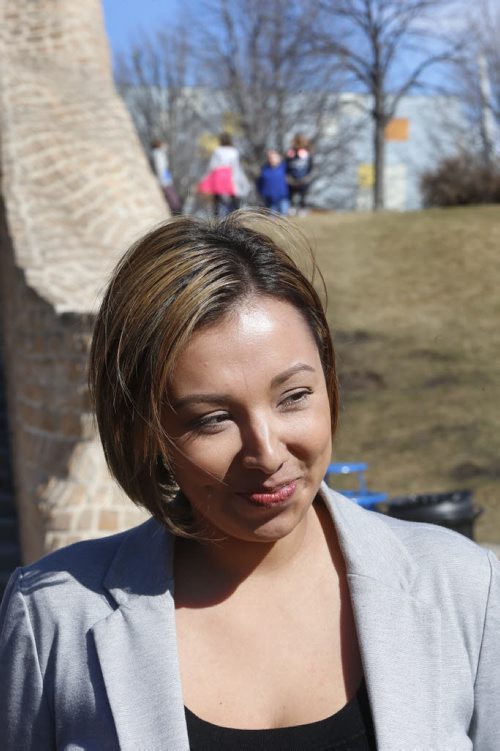 WAYNE GLOWACKI / WINNIPEG FREE PRESS    Kyra Wilson, Liberal candidate for Fort Richmond makes an announcement on Child and Family services Wednesday at the  Oodena Celebration Circle (Sharing Circle) at The Forks. Nick Martin   March 30 2016