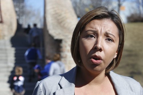 WAYNE GLOWACKI / WINNIPEG FREE PRESS    Kyra Wilson, Liberal candidate for Fort Richmond makes an announcement on Child and Family services Wednesday at the  Oodena Celebration Circle (Sharing Circle) at The Forks. Nick Martin   March 30 2016